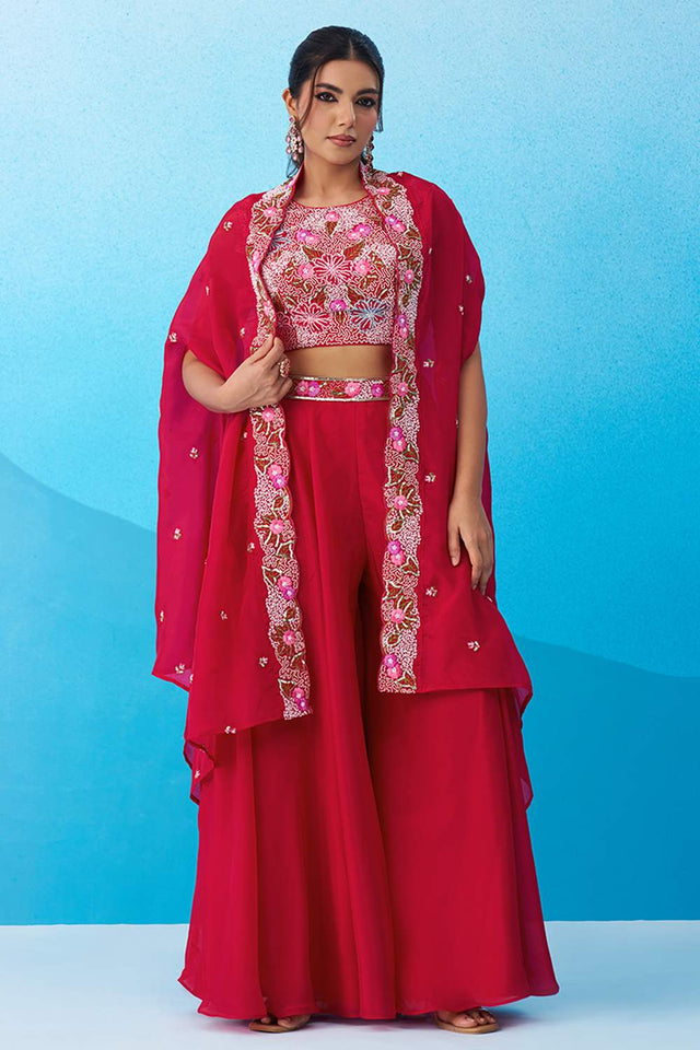 Pink Floral Embroidered Crepe Co-Ord Set (ACA6151)