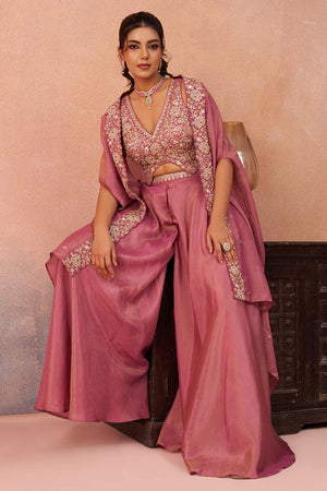 Pink Floral Embroidered Crepe Co-Ord Set (ACA6152)