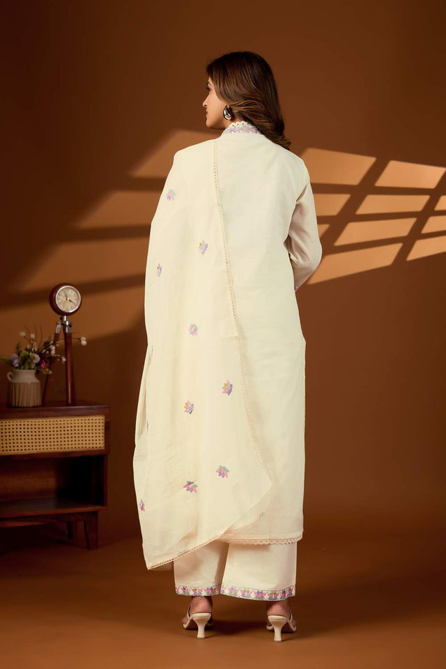 Cream Floral Embroidered Cotton Kurti Pant Set (ACA6155)