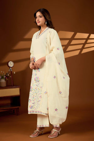 Cream Floral Embroidered Cotton Kurti Pant Set (ACA6155)