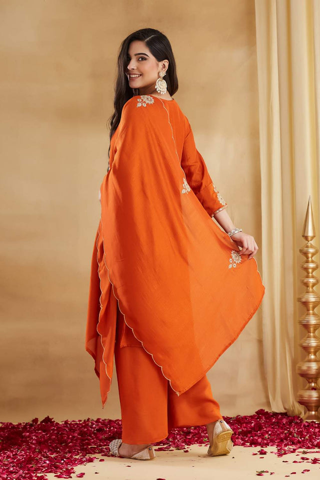 Orange Embroidered Silk Kurti Pant Set (ACA6157)