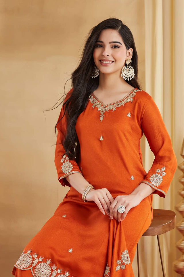 Orange Embroidered Silk Kurti Pant Set (ACA6157)