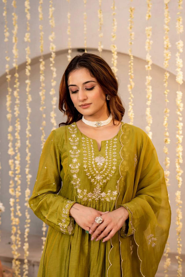 Mehendi Floral Embroidered Chanderi Anarkali Suits (ACA6158)