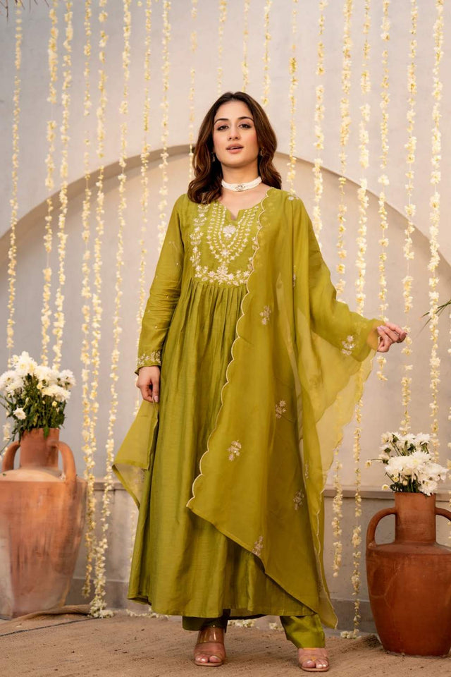 Mehendi Floral Embroidered Chanderi Anarkali Suits (ACA6158)