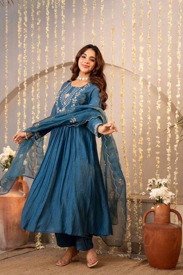 Turquoise Floral Embroidered Chanderi Anarkali Suits (ACA6159)
