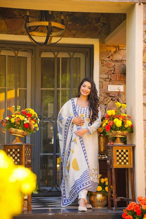 Cream Printed Muslin Kurti Pant Set (ACA6160)