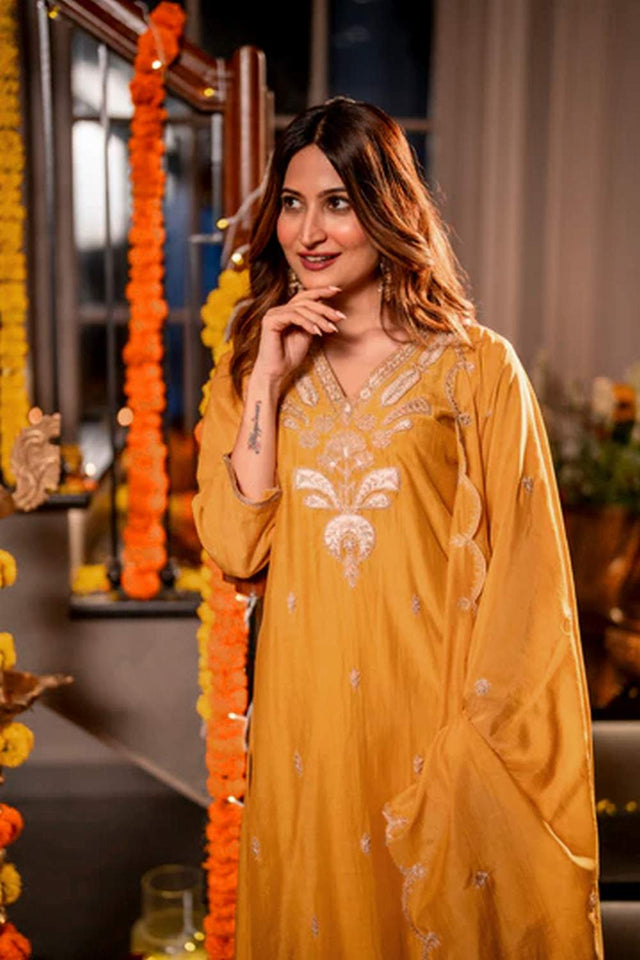 Mustard Floral Embroidered Chanderi Kurti Pant Set (ACA6162)