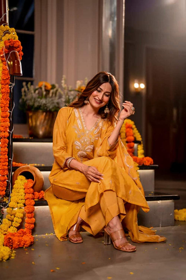 Mustard Floral Embroidered Chanderi Kurti Pant Set (ACA6162)