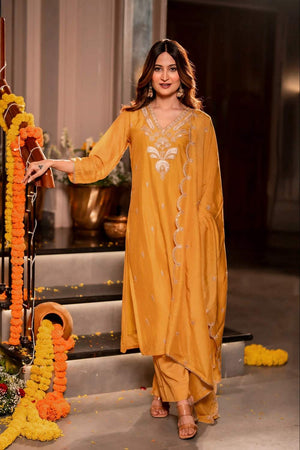 Mustard Floral Embroidered Chanderi Kurti Pant Set (ACA6162)