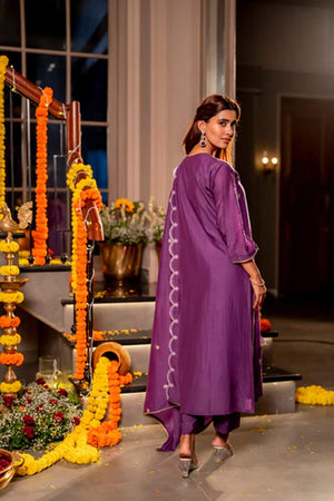Violet Floral Embroidered Chanderi Kurti Pant Set