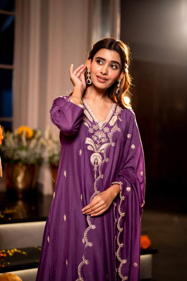 Violet Floral Embroidered Chanderi Kurti Pant Set