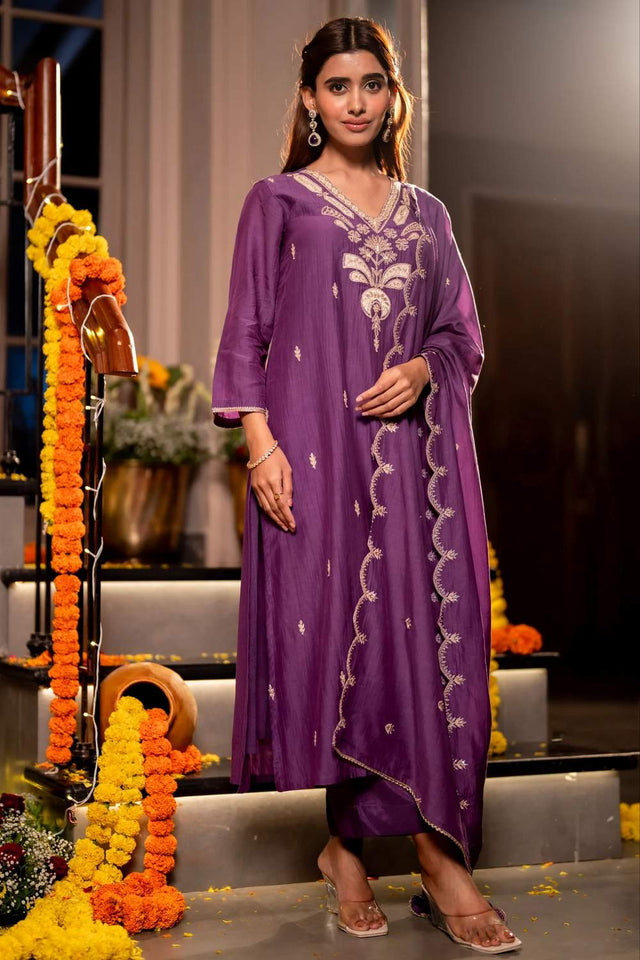 Violet Floral Embroidered Chanderi Kurti Pant Set