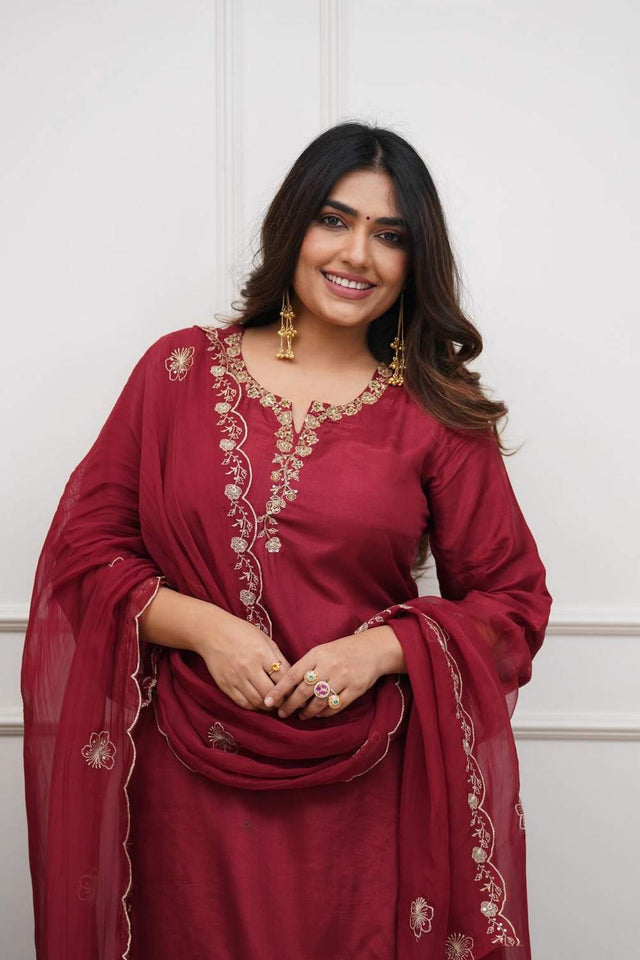 Maroon Floral Embroidered Chanderi Kurti Pant Set
