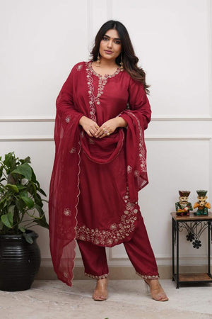 Maroon Floral Embroidered Chanderi Kurti Pant Set