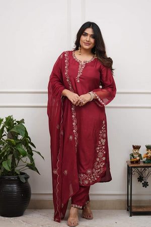 Maroon Floral Embroidered Chanderi Kurti Pant Set