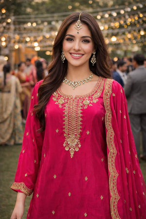 Pink Floral Embroidered Viscose Palazzo Suits (ACA6175)