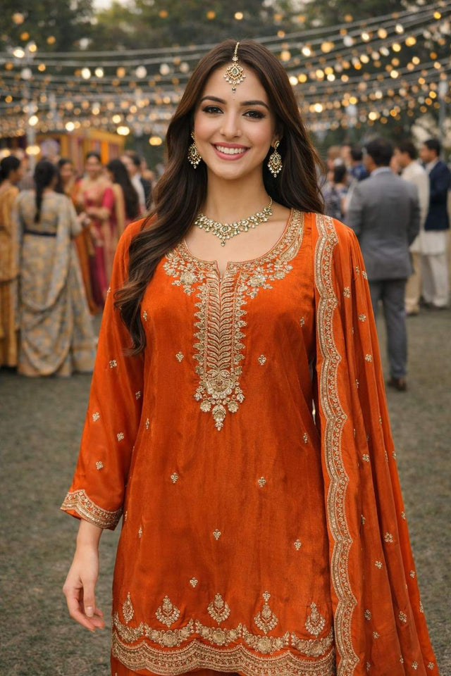 Orange Floral Embroidered Viscose Palazzo Suits (ACA6176)