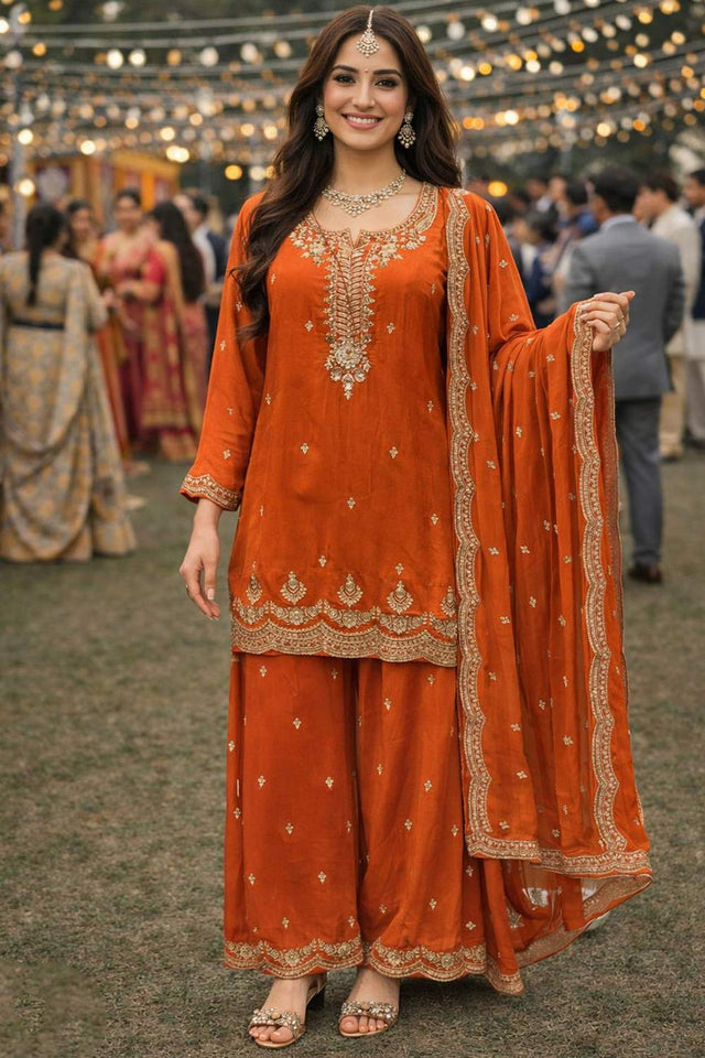 Orange Floral Embroidered Viscose Palazzo Suits (ACA6176)