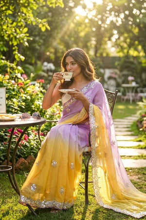 Lavender & Yellow Sequin Pixel Crush Saree (ACA6177)