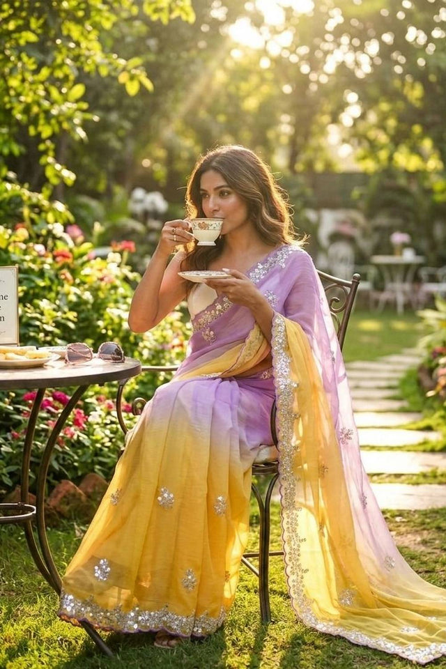 Lavender & Yellow Sequin Pixel Crush Saree (ACA6177)