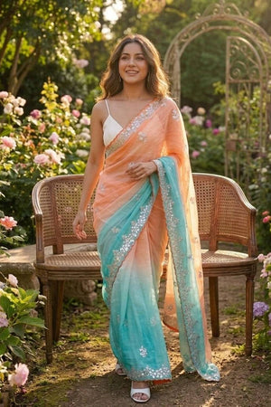 Orange & Sky Blue Sequin Pixel Crush Saree
