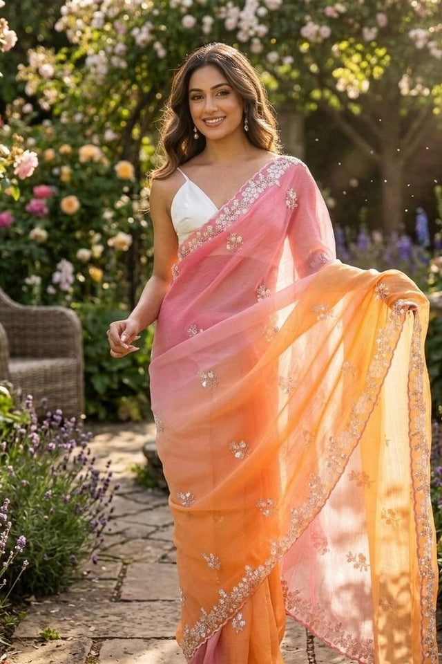 Pink & Orange Sequin Pixel Crush Saree (ACA6180)