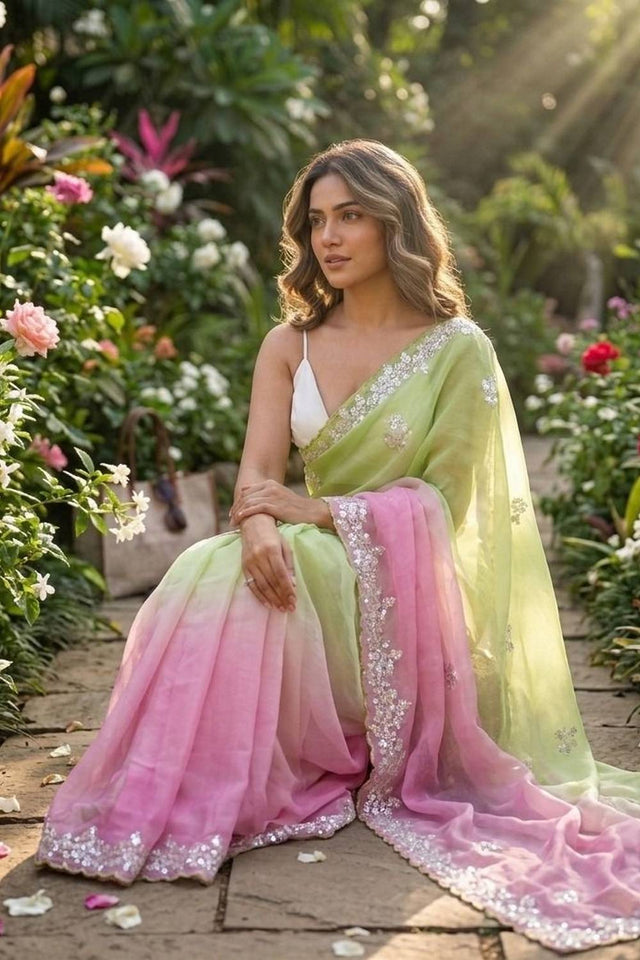 Green & Pink Sequin Pixel Crush Saree (ACA6181)