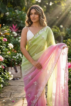 Green & Pink Sequin Pixel Crush Saree (ACA6181)
