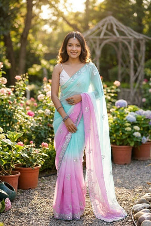 Sea Green & Pink Sequin Pixel Crush Saree (ACA6182)