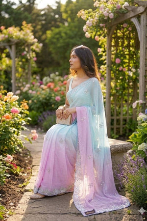 Sky Blue & Pink Sequin Pixel Crush Saree (ACA6183)