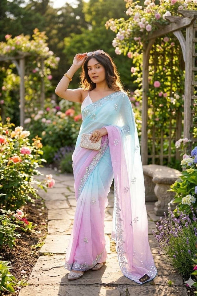 Sky Blue & Pink Sequin Pixel Crush Saree (ACA6183)