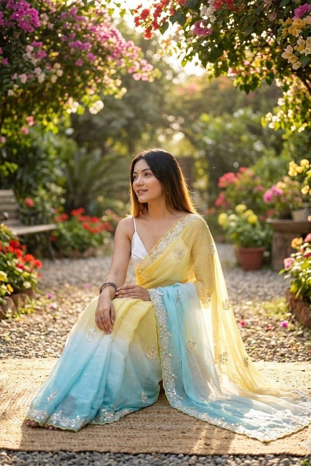 Yellow & Sky Blue Sequin Pixel Crush Saree (ACA6184)