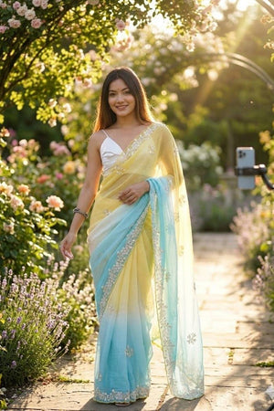 Yellow & Sky Blue Sequin Pixel Crush Saree (ACA6184)