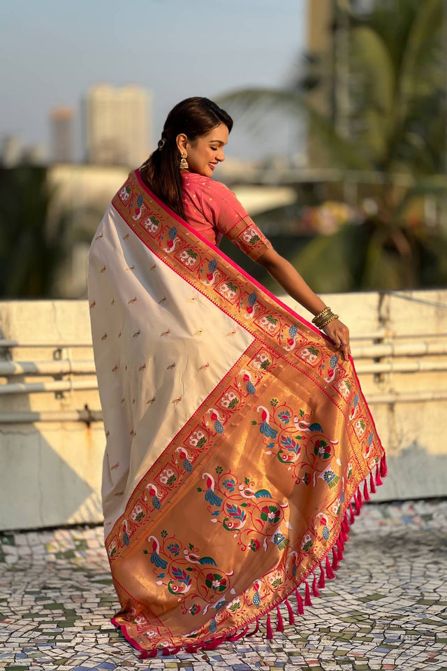Cream Woven Paithani Silk Saree (ACA6185)