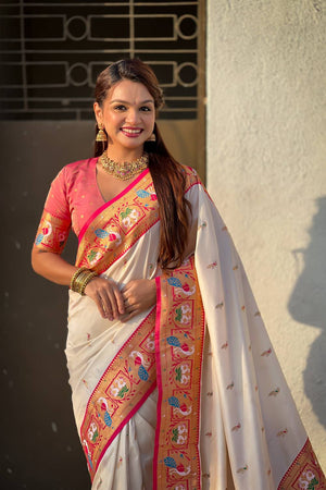 Cream Woven Paithani Silk Saree (ACA6185)