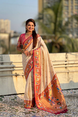 Cream Woven Paithani Silk Saree (ACA6185)