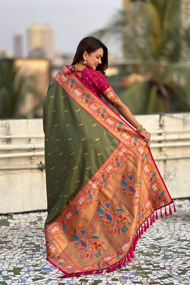 Mehendi Woven Paithani Silk Saree (ACA6186)