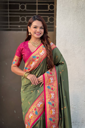 Mehendi Woven Paithani Silk Saree (ACA6186)