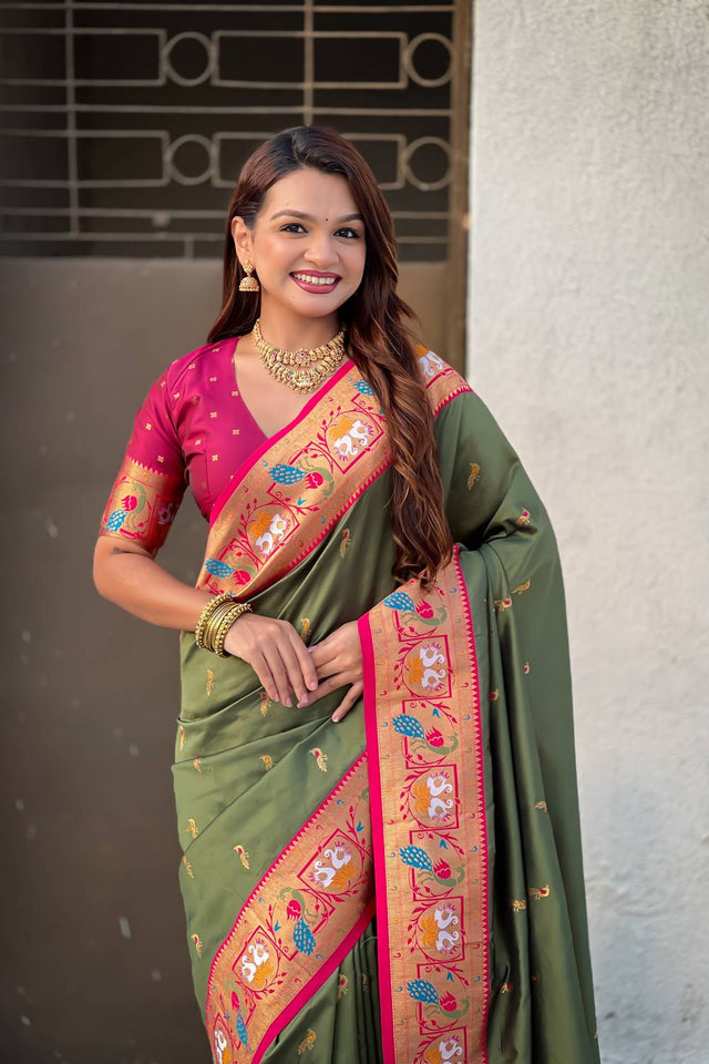 Mehendi Woven Paithani Silk Saree (ACA6186)