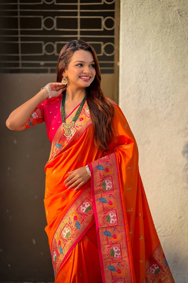 Orange Woven Paithani Silk Saree (ACA6187)