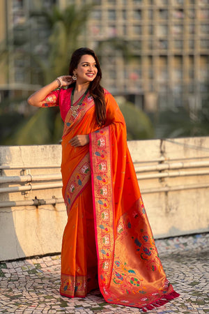 Orange Woven Paithani Silk Saree (ACA6187)