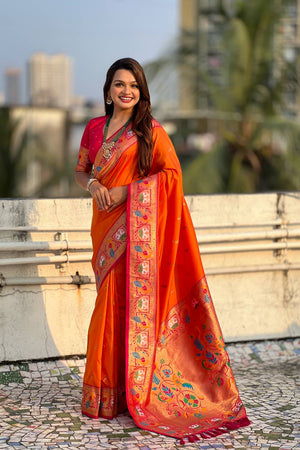 Orange Woven Paithani Silk Saree (ACA6187)