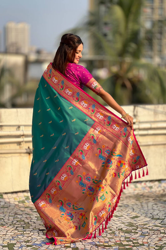 Turquoise Woven Paithani Silk Saree (ACA6188)