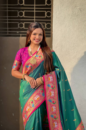 Turquoise Woven Paithani Silk Saree (ACA6188)