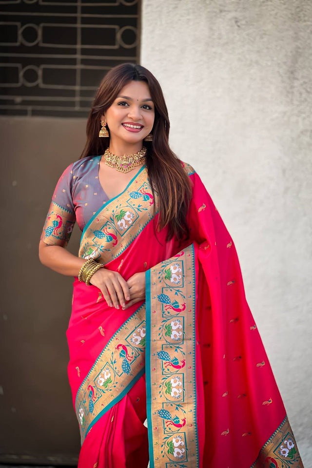 Pink Woven Paithani Silk Saree (ACA6189)