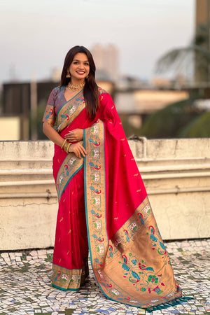 Pink Woven Paithani Silk Saree (ACA6189)