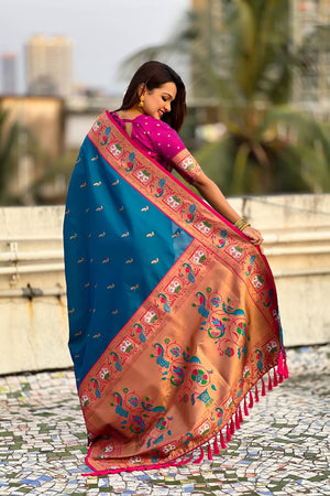 Blue Woven Paithani Silk Saree (ACA6191)