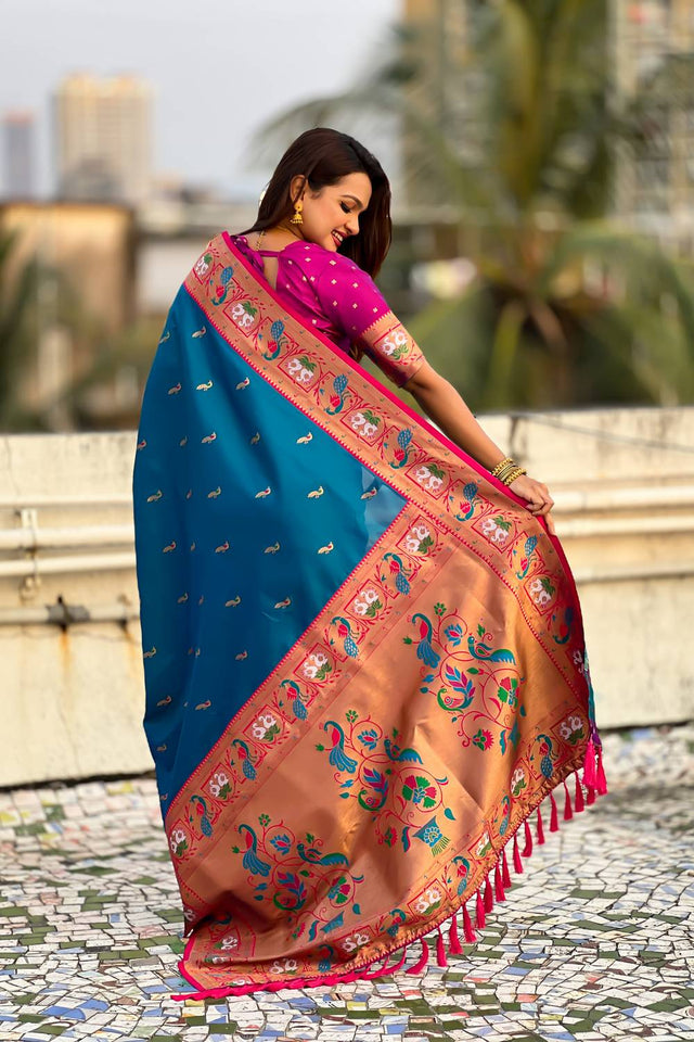 Blue Woven Paithani Silk Saree (ACA6191)