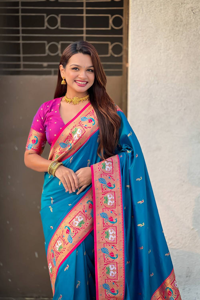 Blue Woven Paithani Silk Saree (ACA6191)