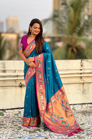 Blue Woven Paithani Silk Saree (ACA6191)